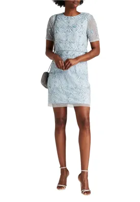 Light Blue Short Sleeves Embellished Tulle Mini Dress