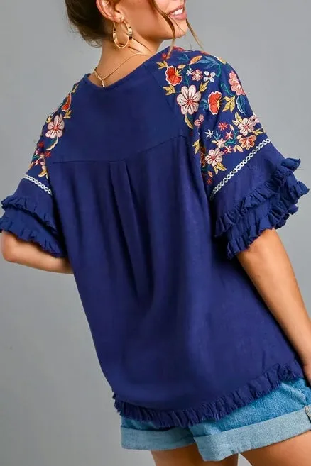 Linen Blend Top with Embroidered Bell Short Sleeves- Navy Blue