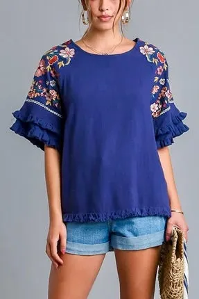 Linen Blend Top with Embroidered Bell Short Sleeves- Navy Blue