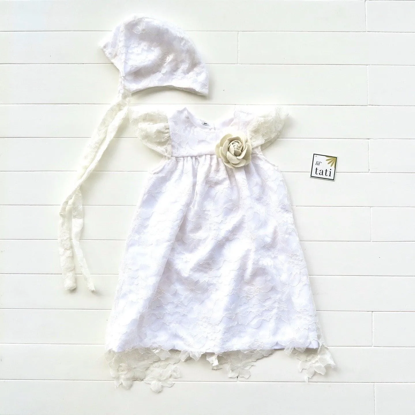 Magnolia Christening Set in Fine Lace Tulle Galaxy White