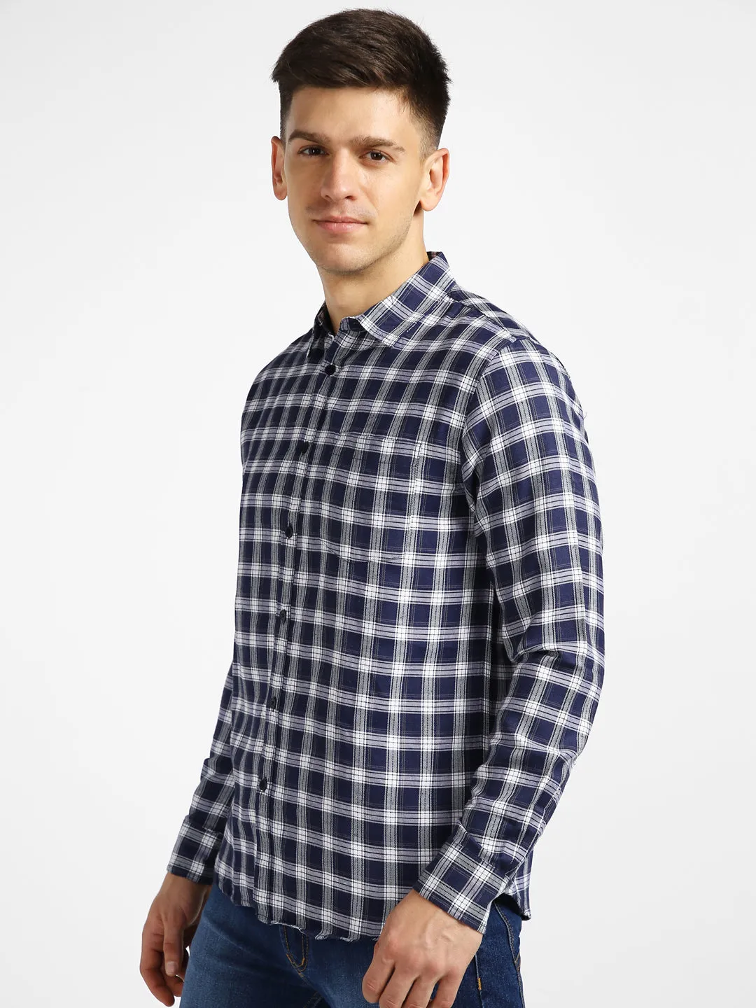 Men's Blue Cotton Full Sleeve Slim Fit Casual Checkered Shirt