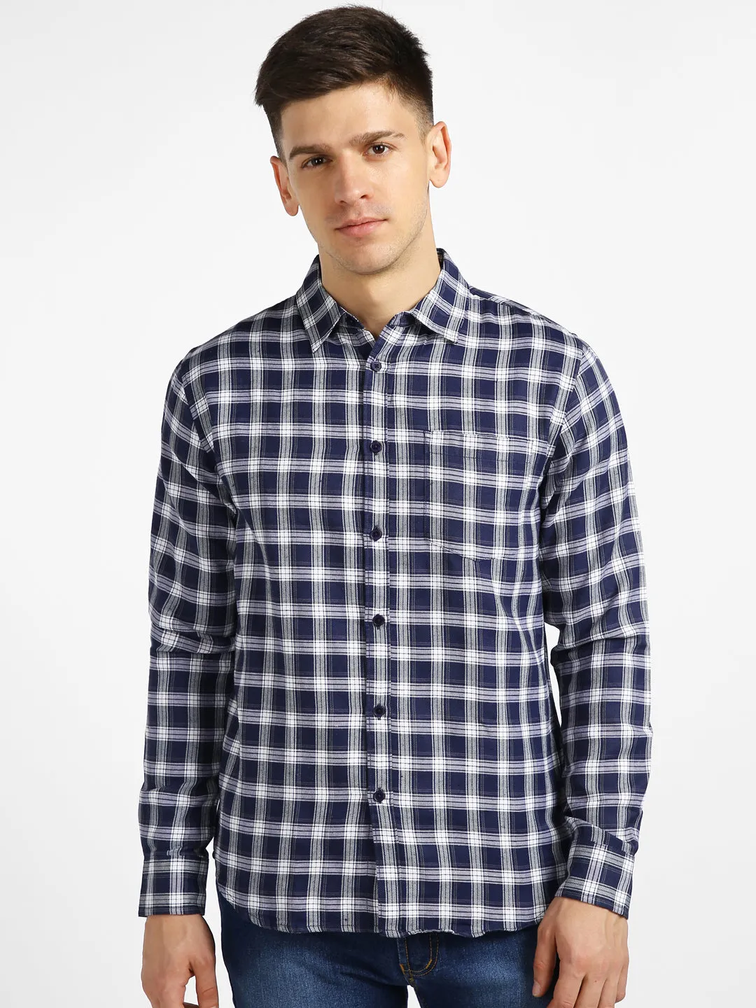 Men's Blue Cotton Full Sleeve Slim Fit Casual Checkered Shirt