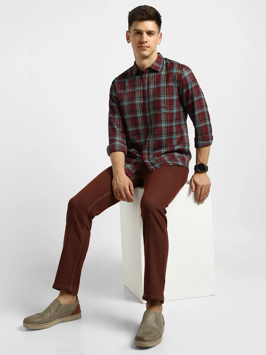 Men's Maroon Cotton Full Sleeve Slim Fit Casual Checkered Shirt