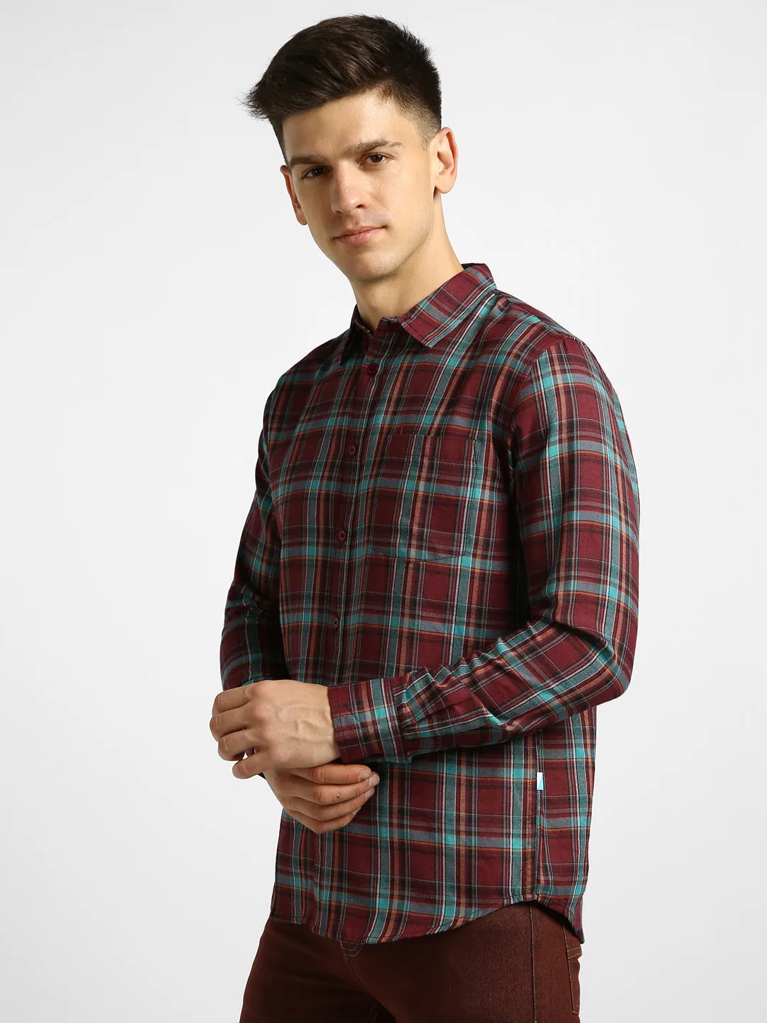 Men's Maroon Cotton Full Sleeve Slim Fit Casual Checkered Shirt