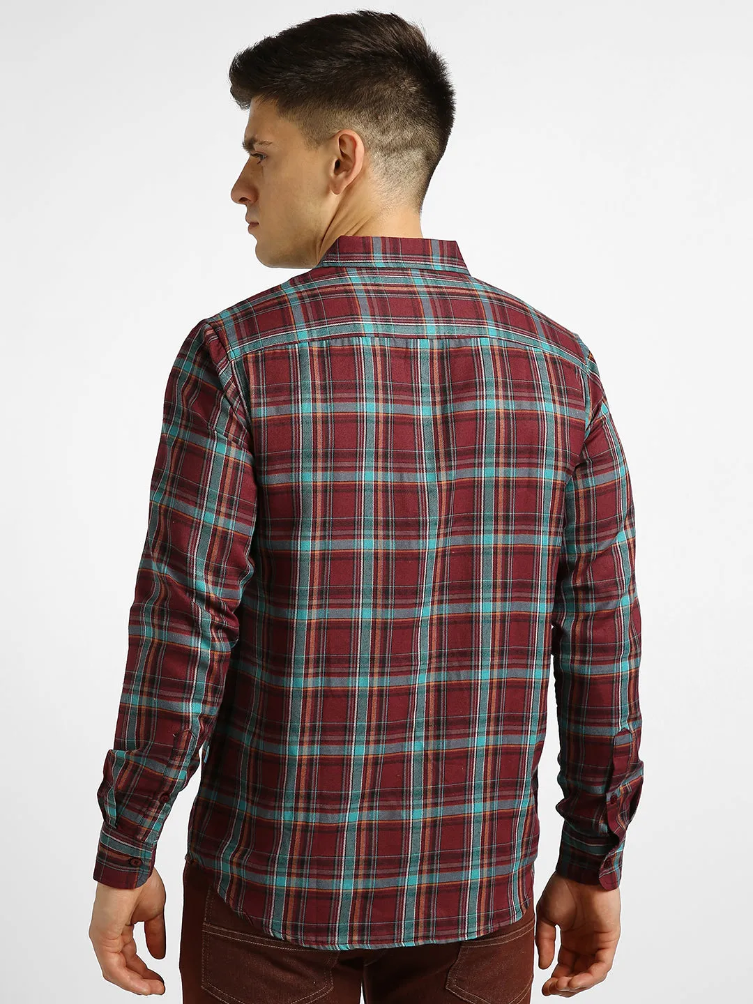 Men's Maroon Cotton Full Sleeve Slim Fit Casual Checkered Shirt