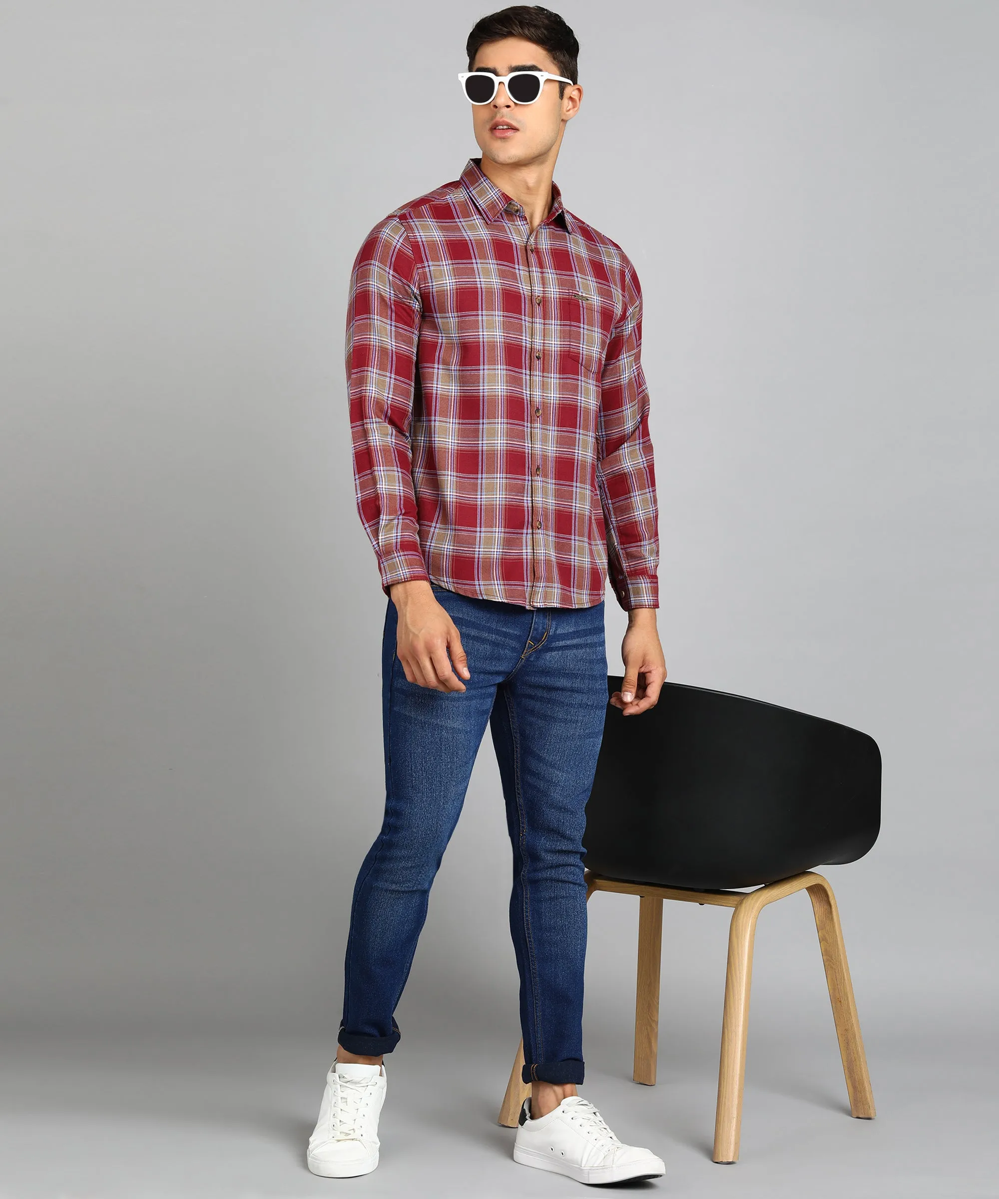 Men's Red Cotton Full Sleeve Slim Fit Casual Checkered Shirt