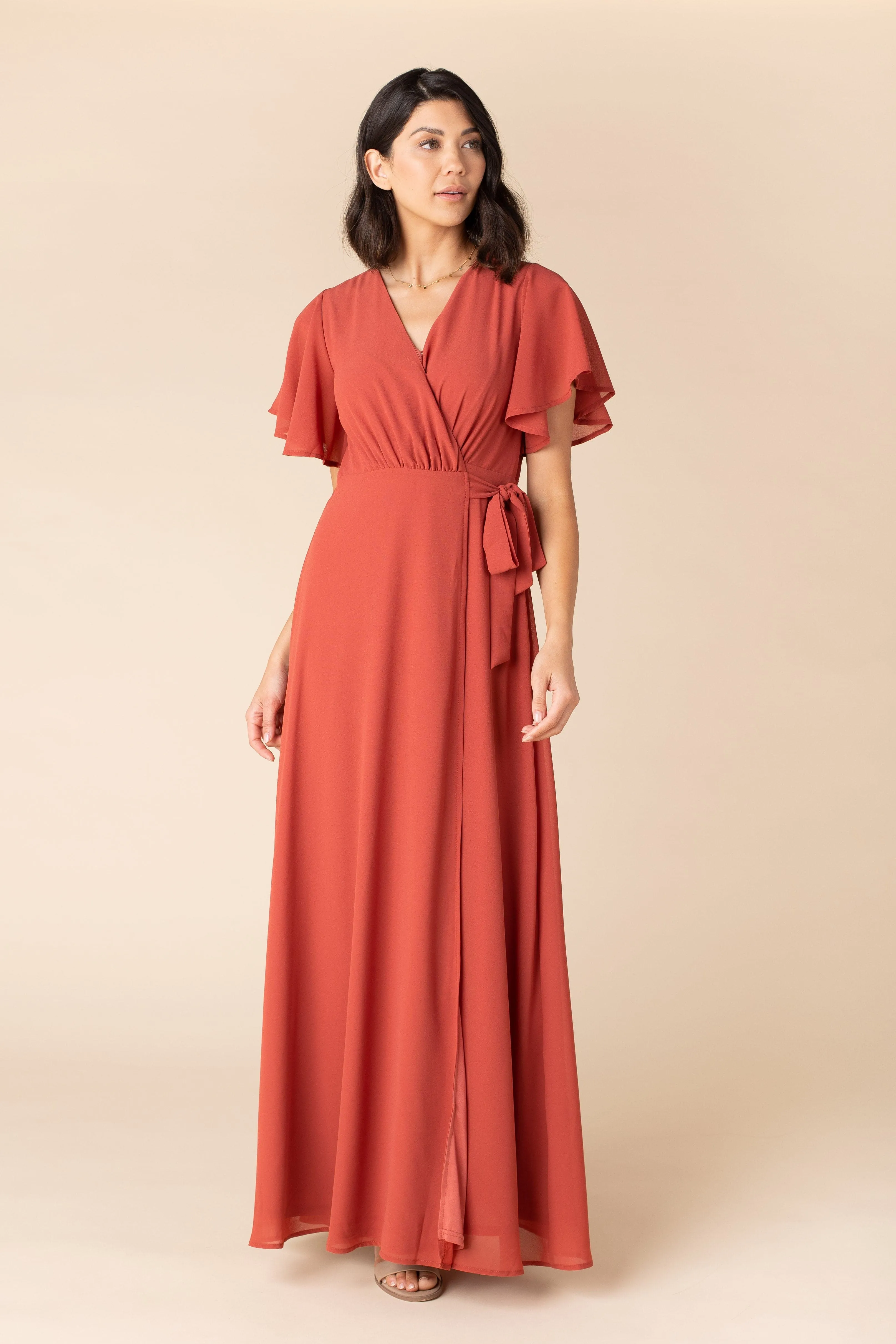 Naples Flutter Sleeve Wrap Maxi - Clay Red