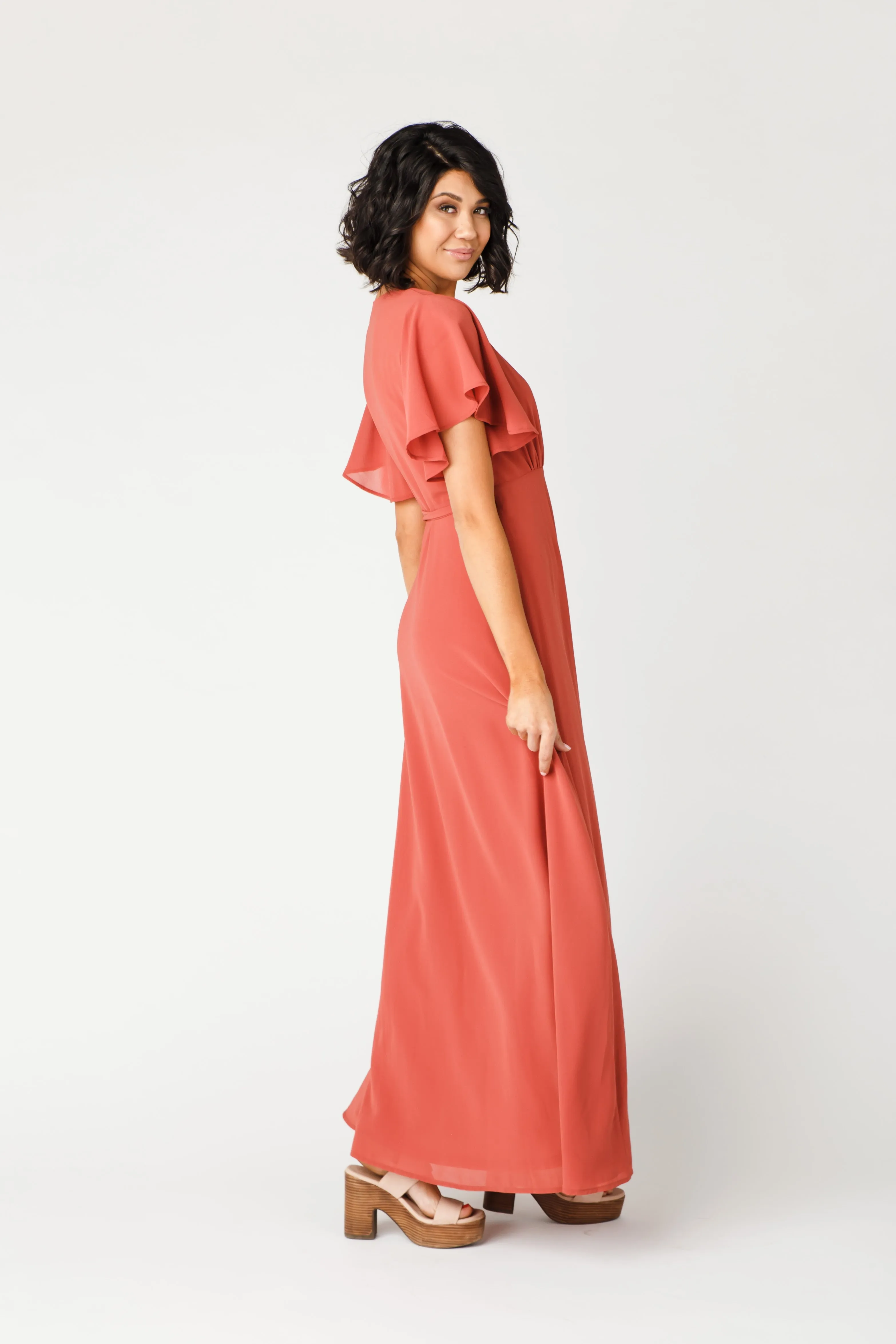 Naples Flutter Sleeve Wrap Maxi - Clay Red