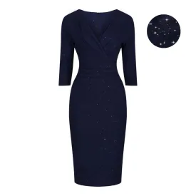 Navy Blue Silver Sparkle Deep V 3/4 Sleeve Bodycon Ruched Waist Wiggle Party Dress