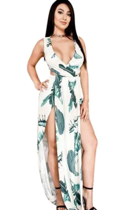 Palm Print Plunge Neck Maxi