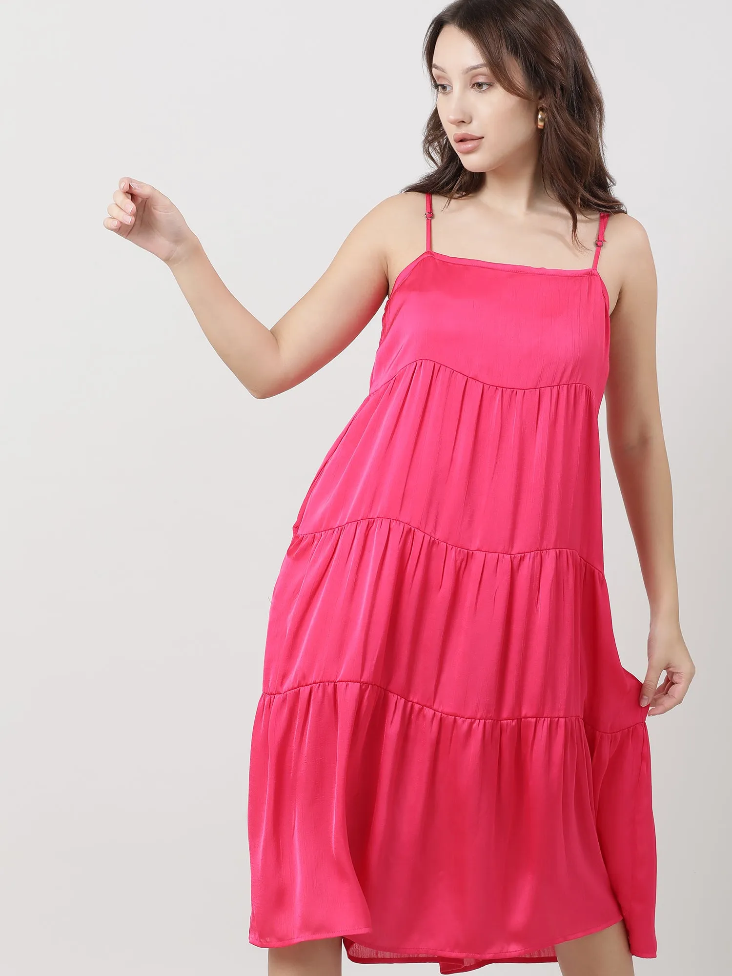 Pink Strappy Tiered A line Midi Dress