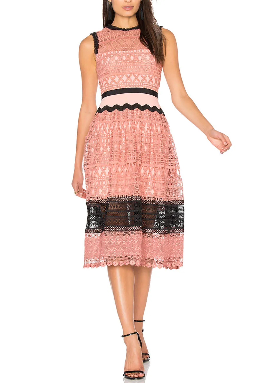 Pink Tea Rose Geometric Lace Midi Dress