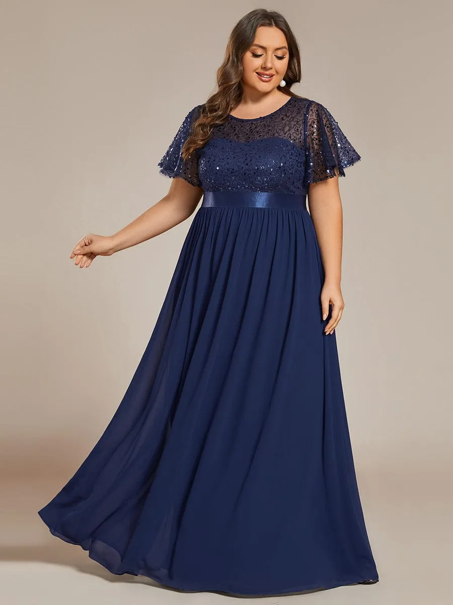 Plus Size Round-Neck Sequin High Waist Short-Sleeved Formal Evening Dress