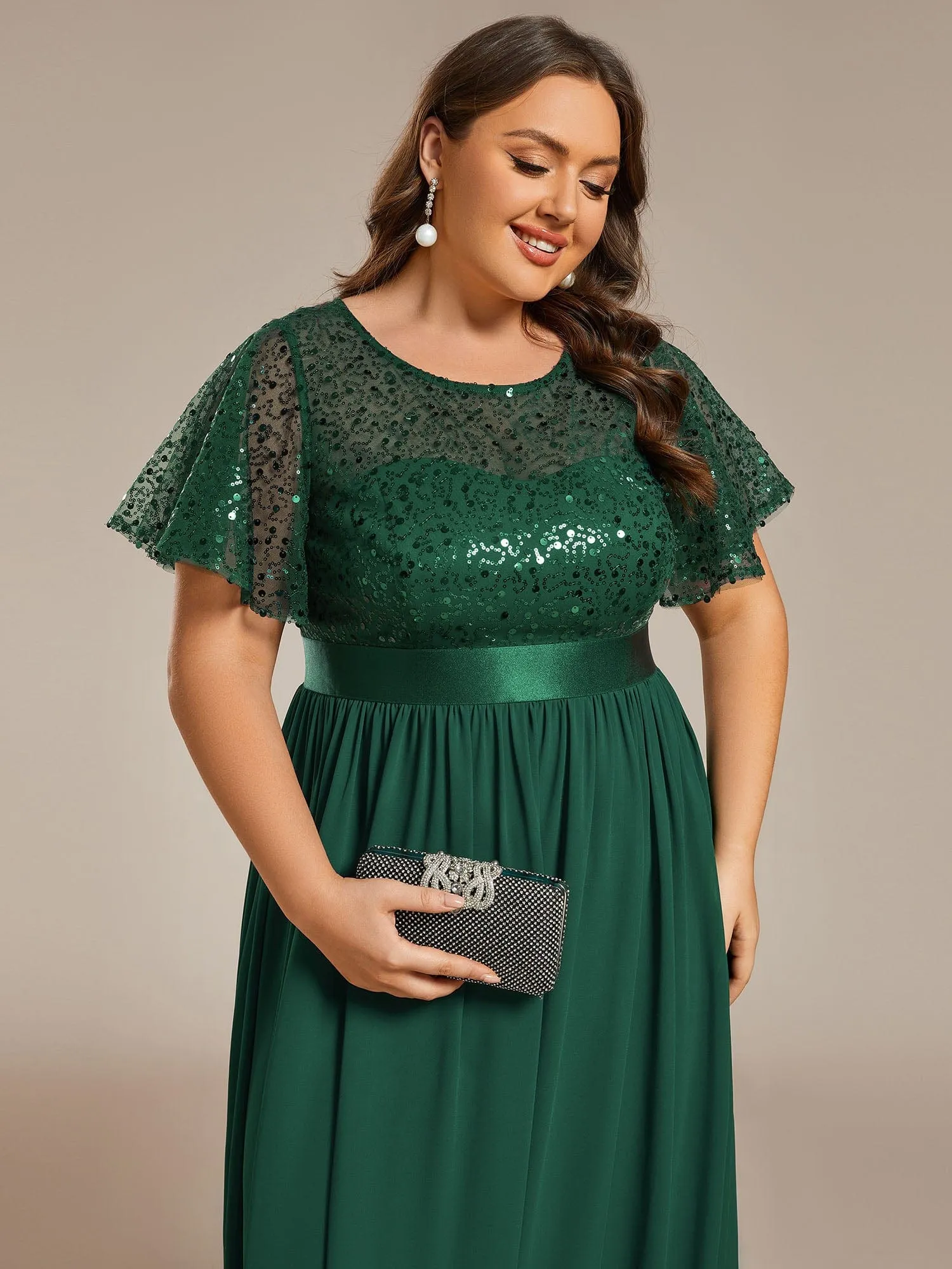 Plus Size Round-Neck Sequin High Waist Short-Sleeved Formal Evening Dress