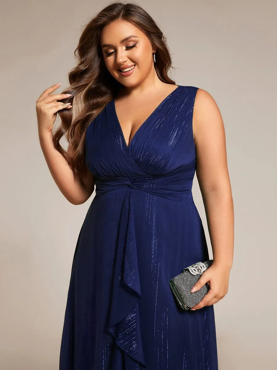 Plus Size Sleeveless Glittery Ruffled V-Neck Midi Wedding Guest Dress