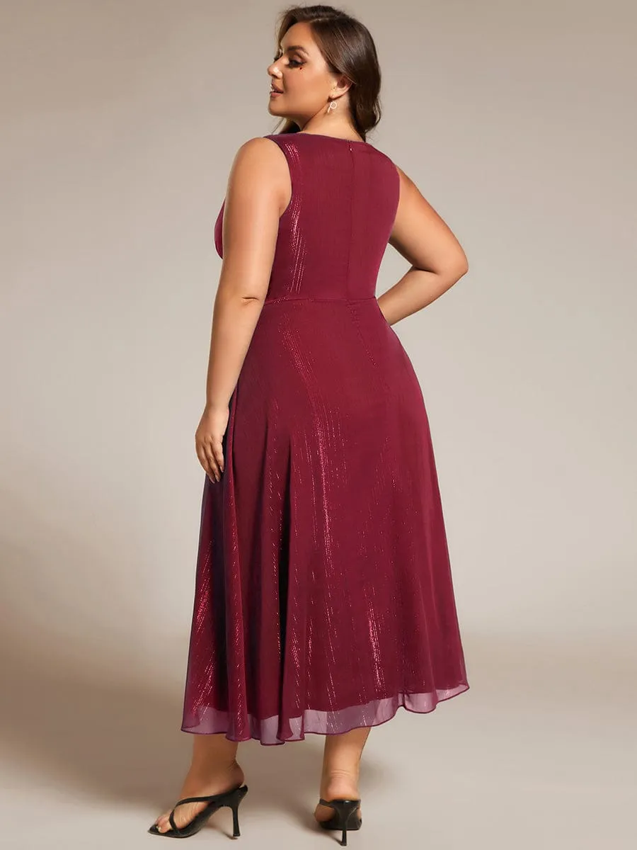 Plus Size Sleeveless Glittery Ruffled V-Neck Midi Wedding Guest Dress