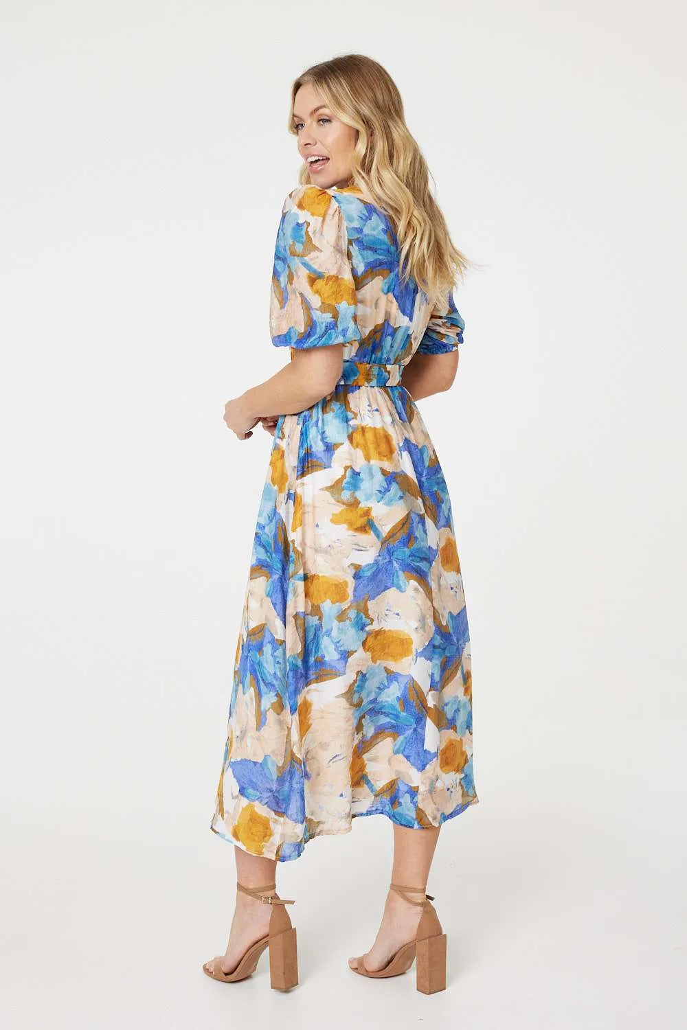 Printed 1/2 Sleeve Belted Midi Dress