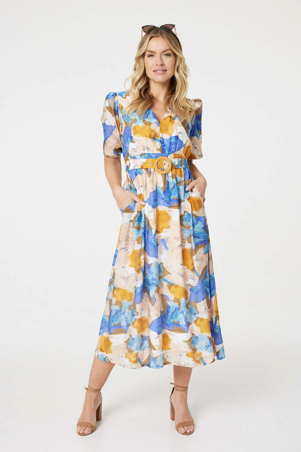 Printed 1/2 Sleeve Belted Midi Dress