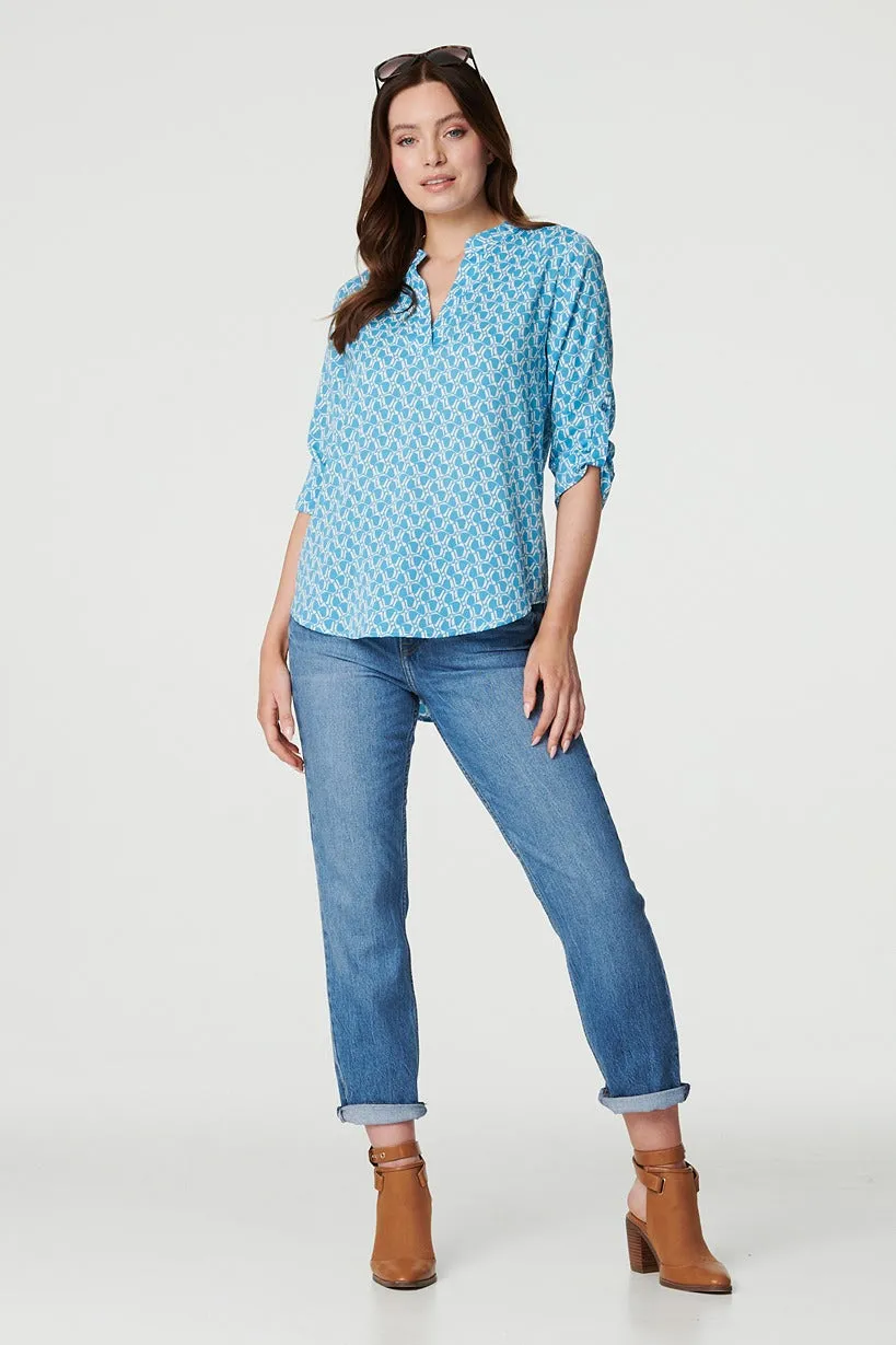 Printed 3/4 Turn-Up Sleeve Blouse