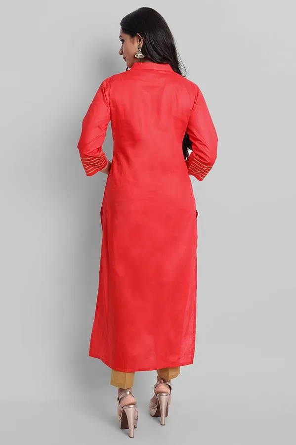 Red Toshani Cotton Silk Kurta