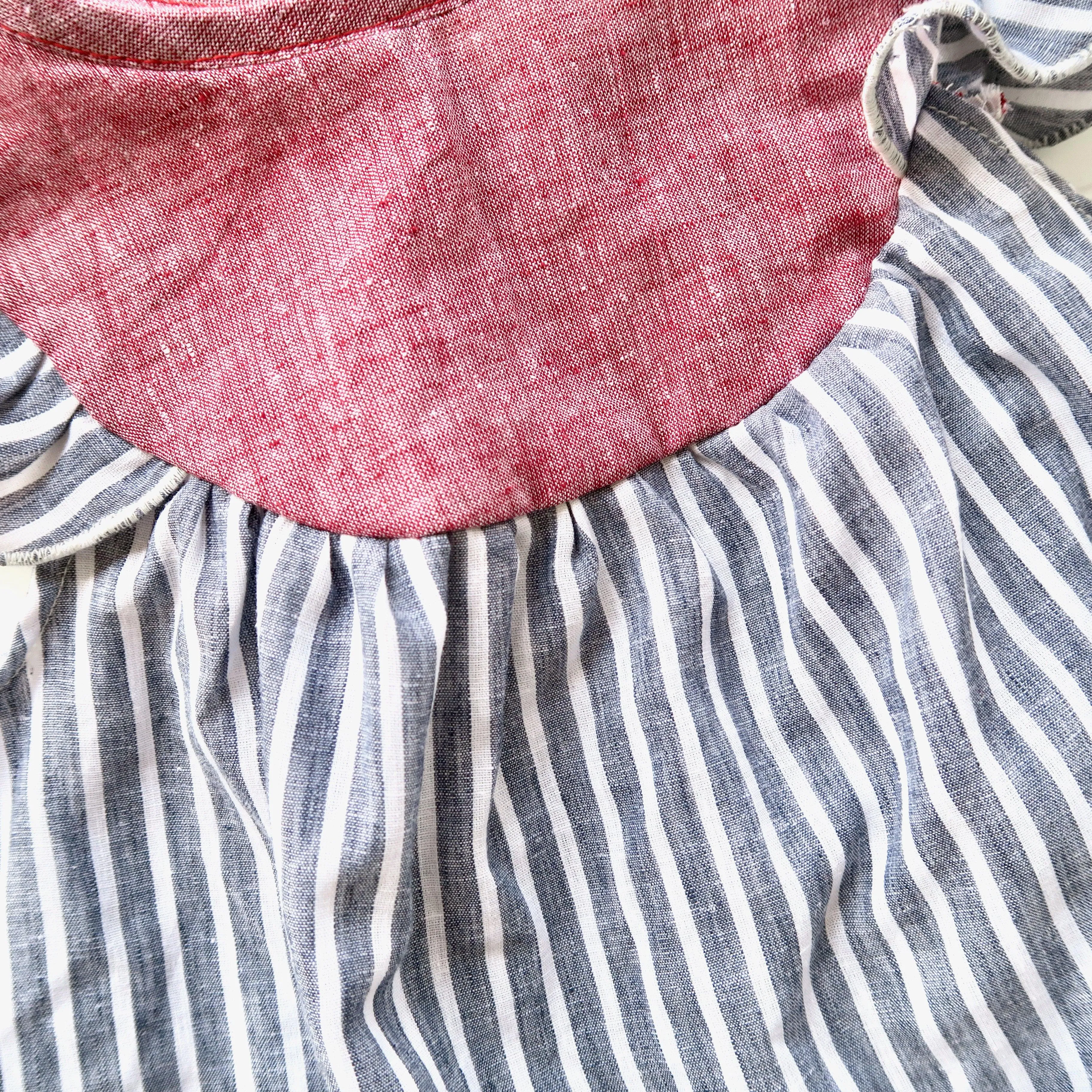 Rosemary Dress in Maroon Linen & Deep Blue Stripes