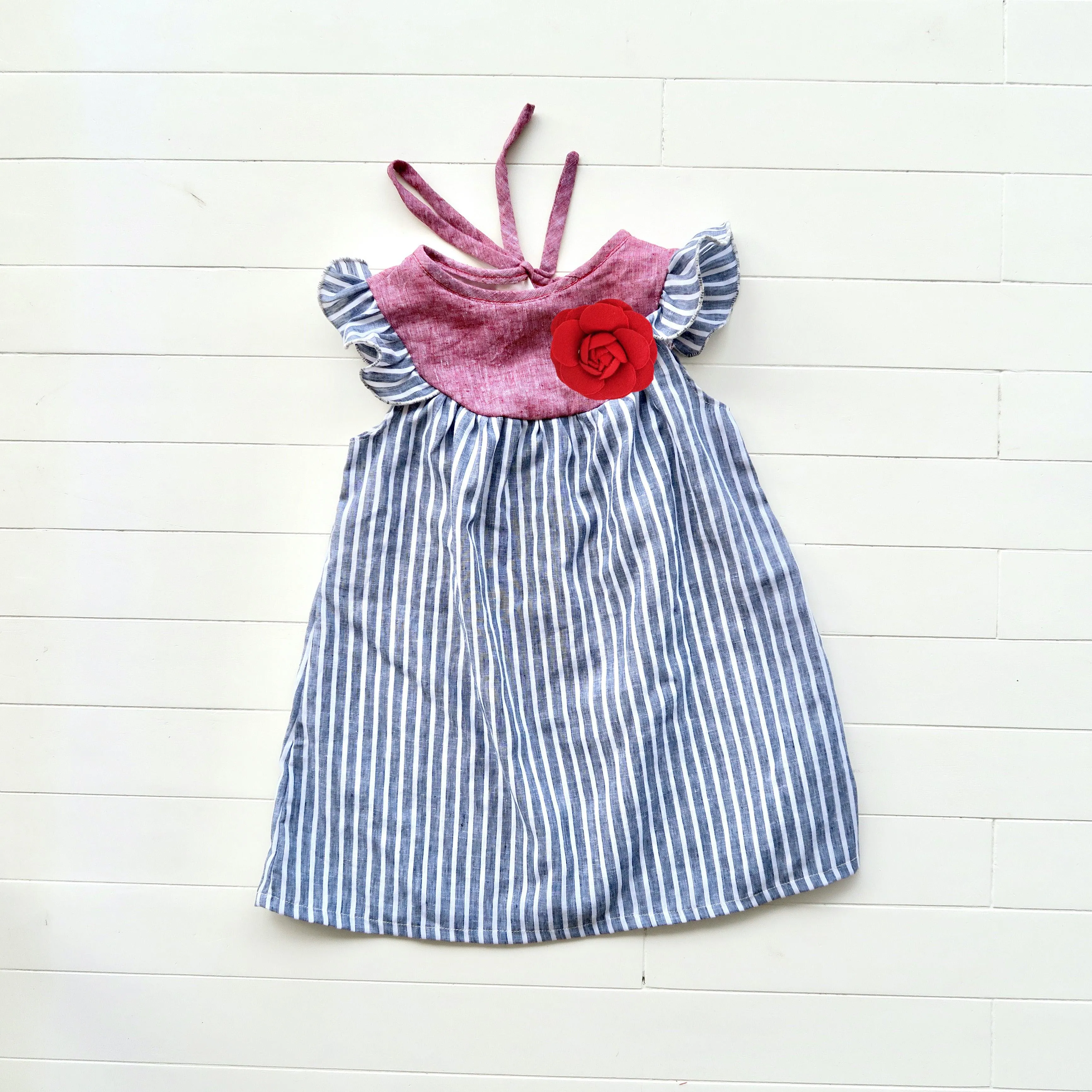 Rosemary Dress in Maroon Linen & Deep Blue Stripes