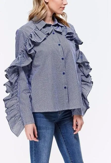 Ruffled Sleeves Checkered Blouse