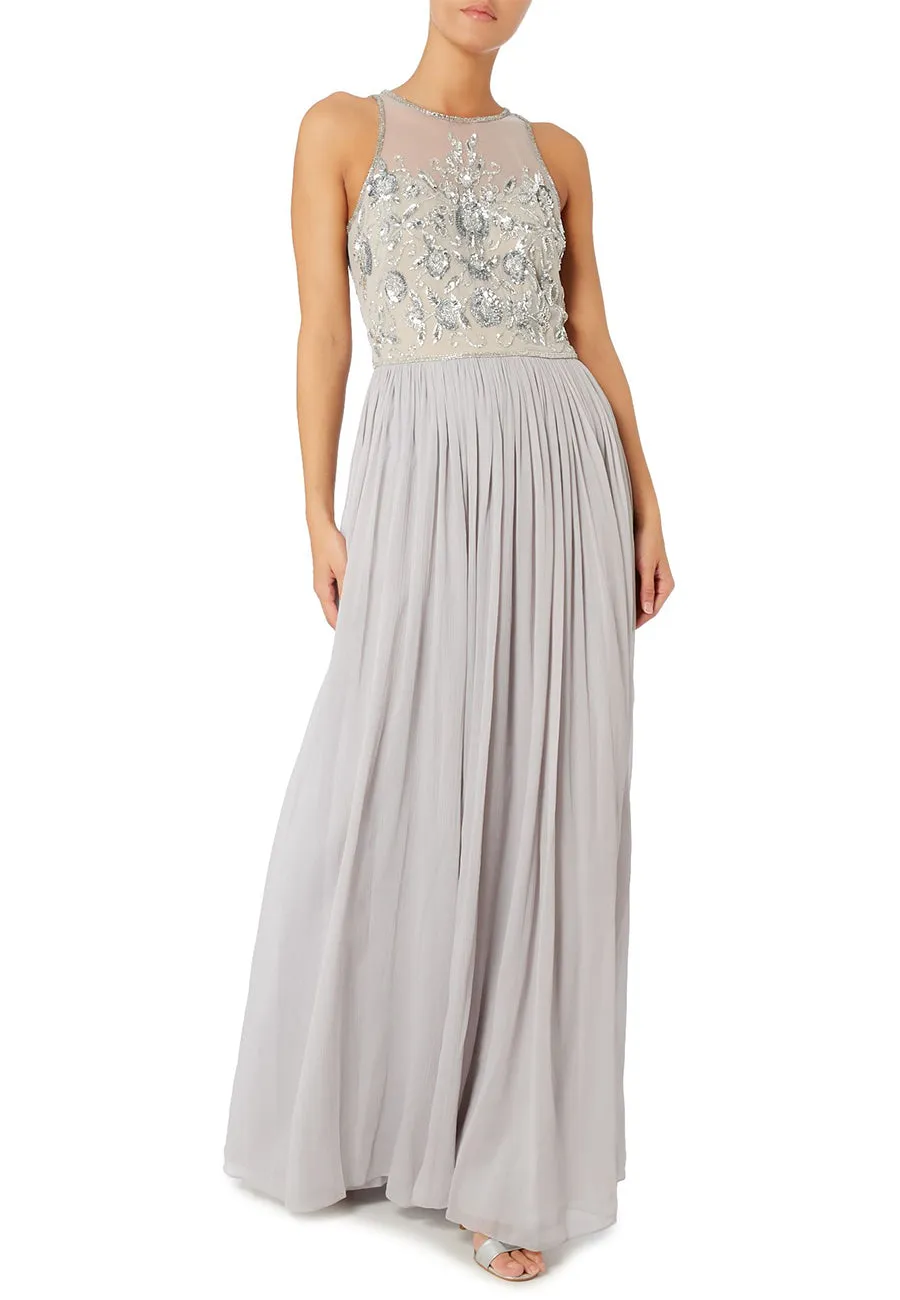 Silver Beaded Top Pleated Tulle Maxi Dress