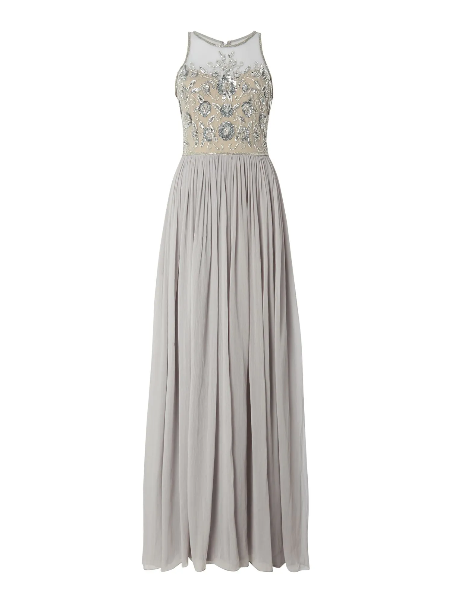 Silver Beaded Top Pleated Tulle Maxi Dress