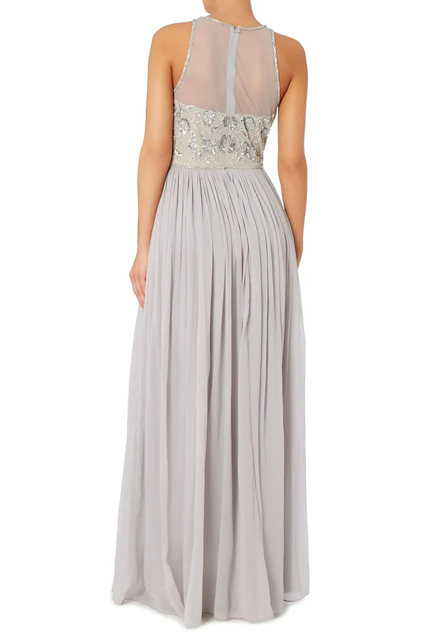 Silver Beaded Top Pleated Tulle Maxi Dress