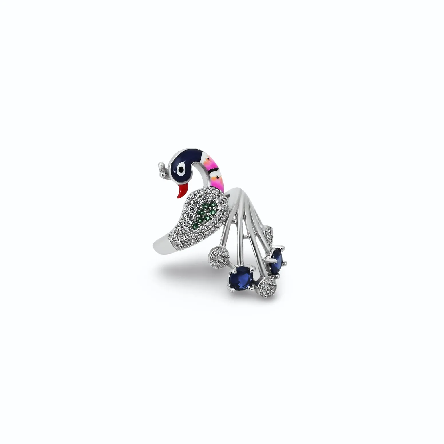 Silver Blue Gem Stone with Peacock Design Ring for Girls