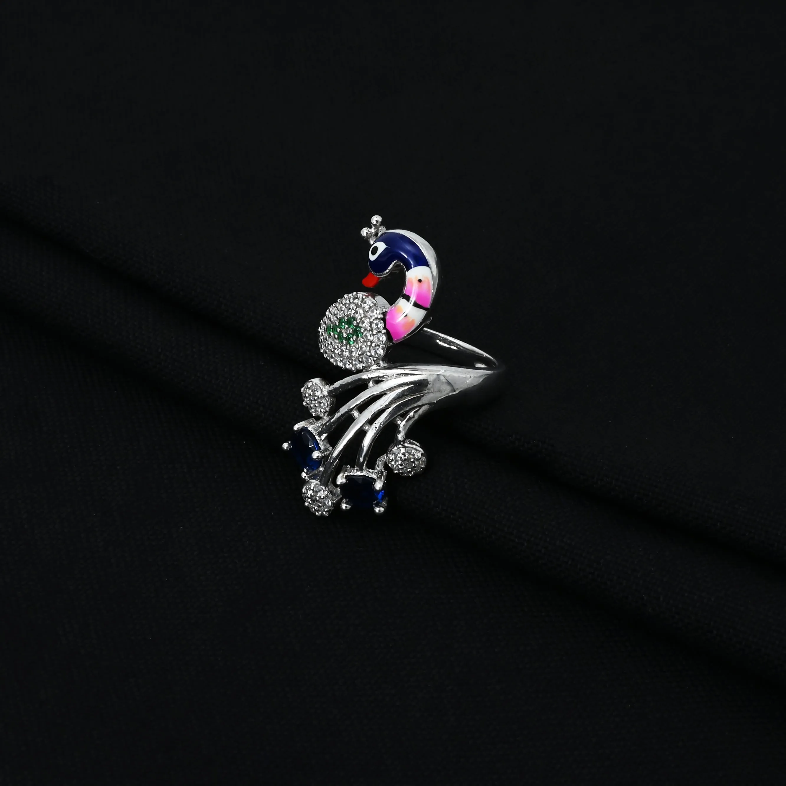 Silver Blue Gem Stone with Peacock Design Ring for Girls