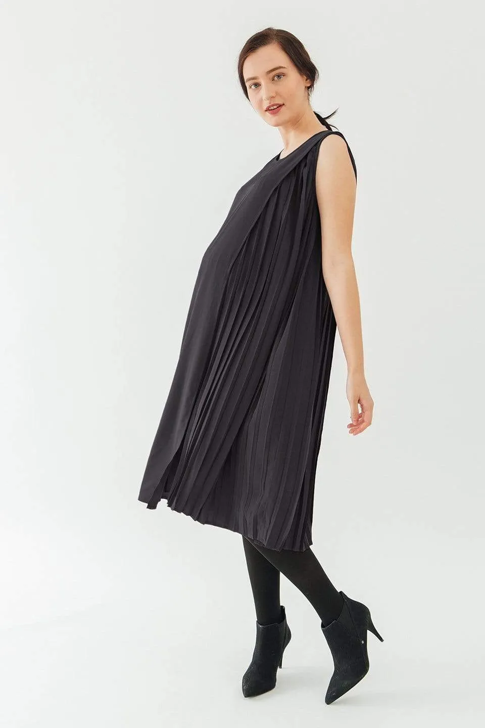 Sleeveless Brenda Side Pleats Nursing Dress Dark Grey