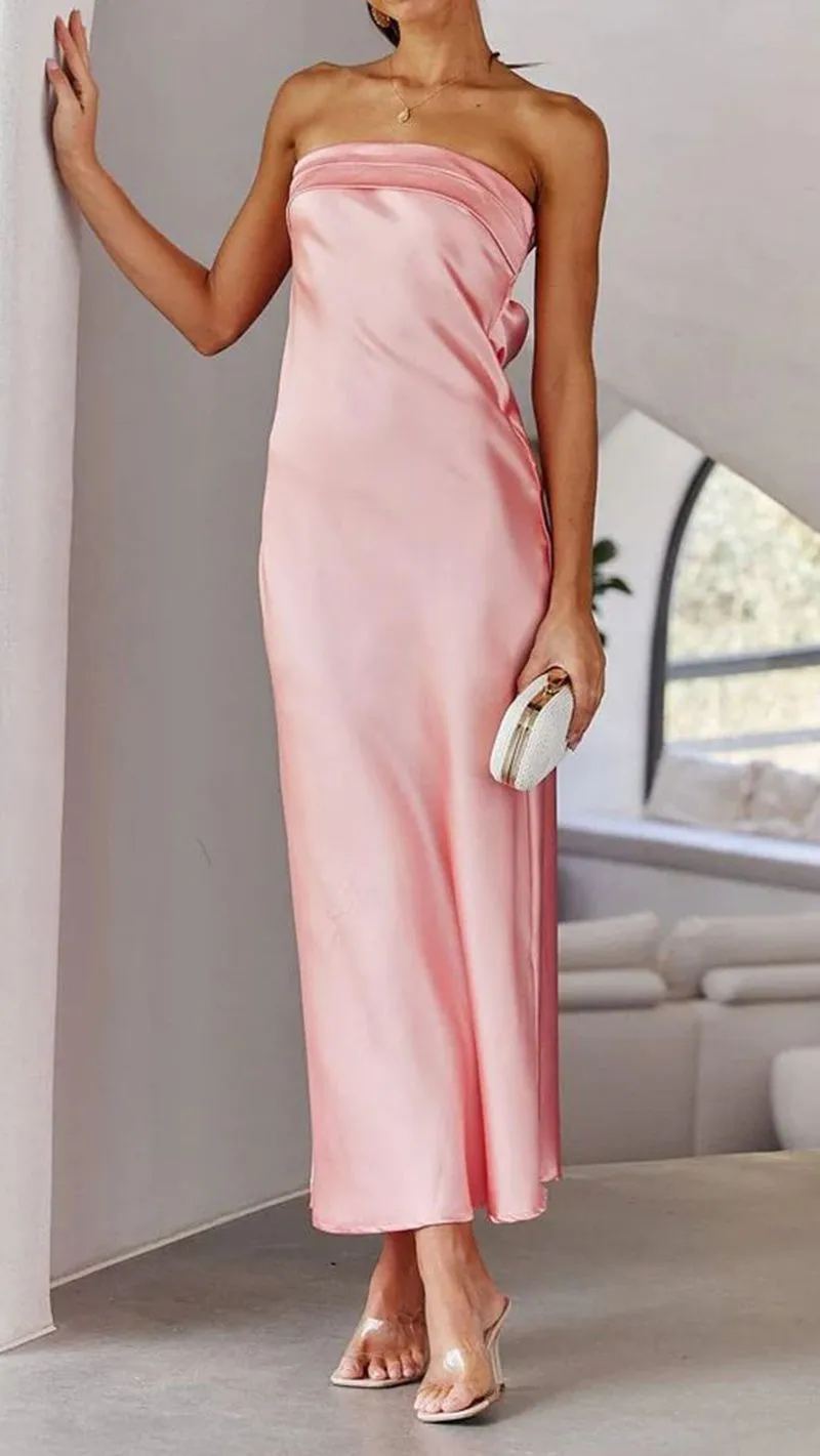 Slinky Silky Bandeau Satin Midi Mermaid Mem Cocktail Dress