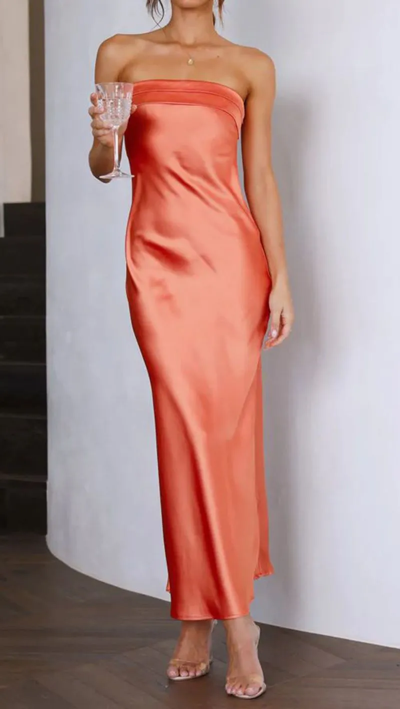 Slinky Silky Bandeau Satin Midi Mermaid Mem Cocktail Dress