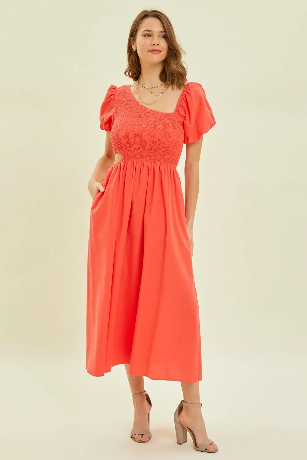 Smocked Cutout Midi Dress