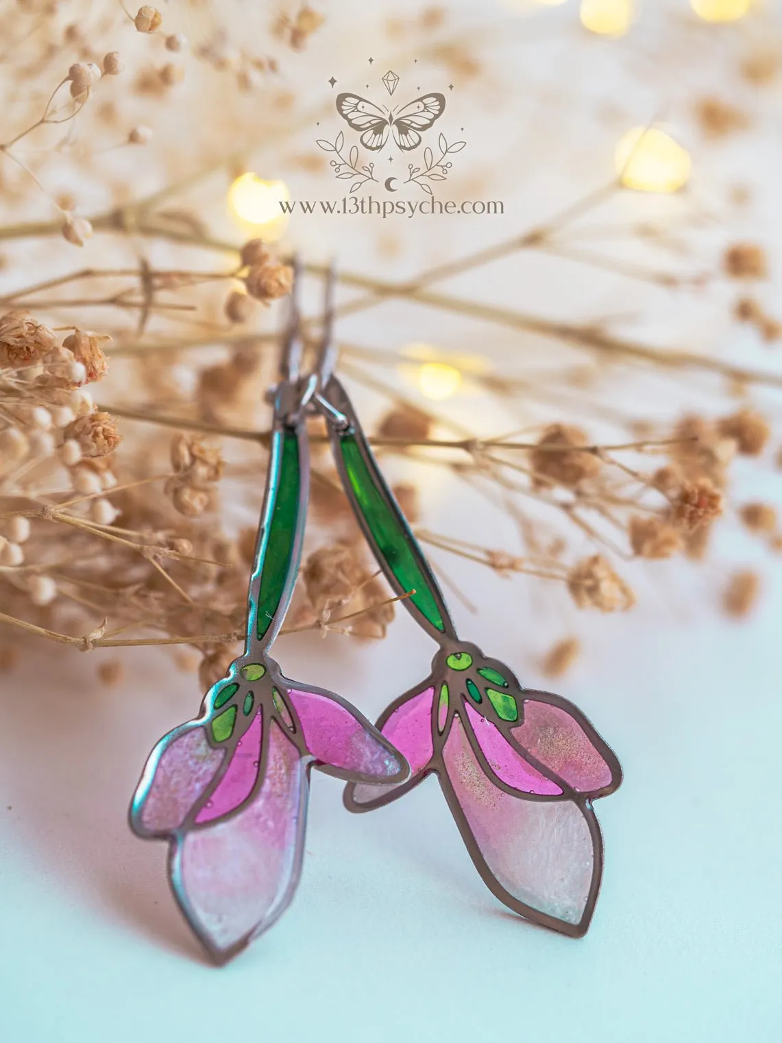 Stained glass inspired long pink flower earrings