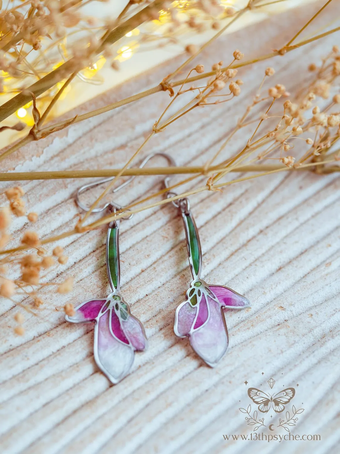 Stained glass inspired long pink flower earrings