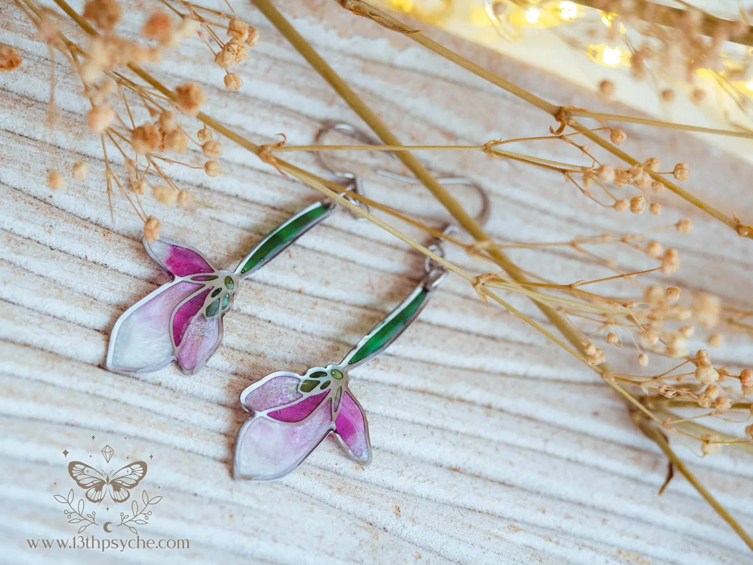 Stained glass inspired long pink flower earrings