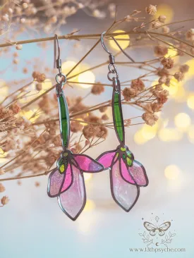 Stained glass inspired long pink flower earrings