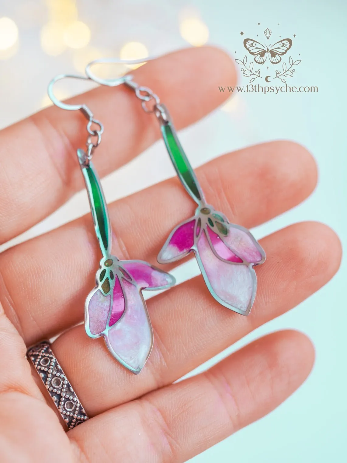 Stained glass inspired long pink flower earrings