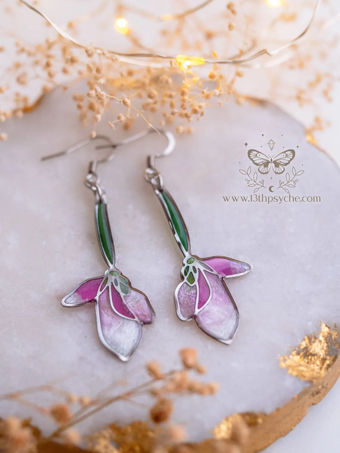 Stained glass inspired long pink flower earrings