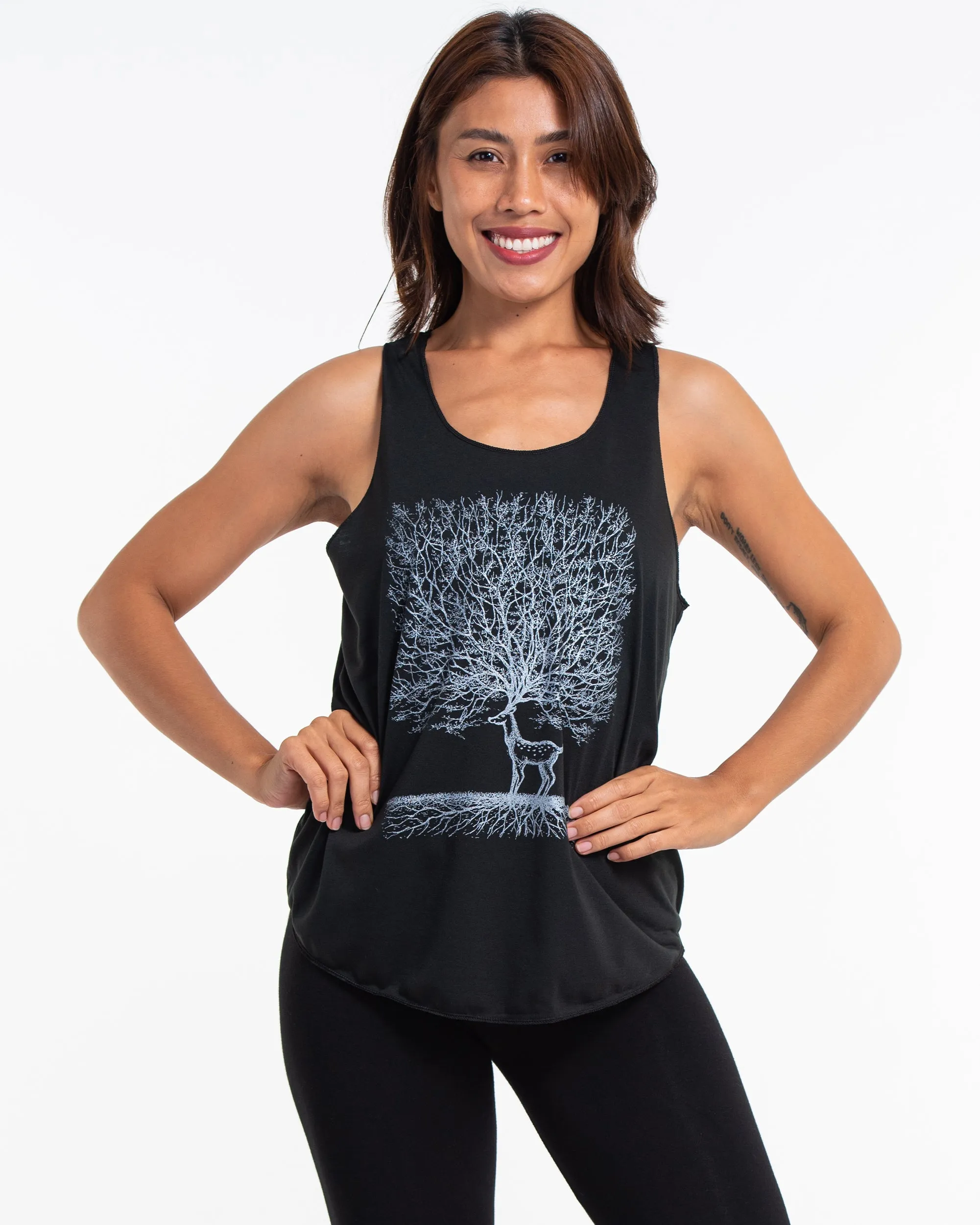 Super Soft Cotton Womens Bambi Tree Tank Top in Black