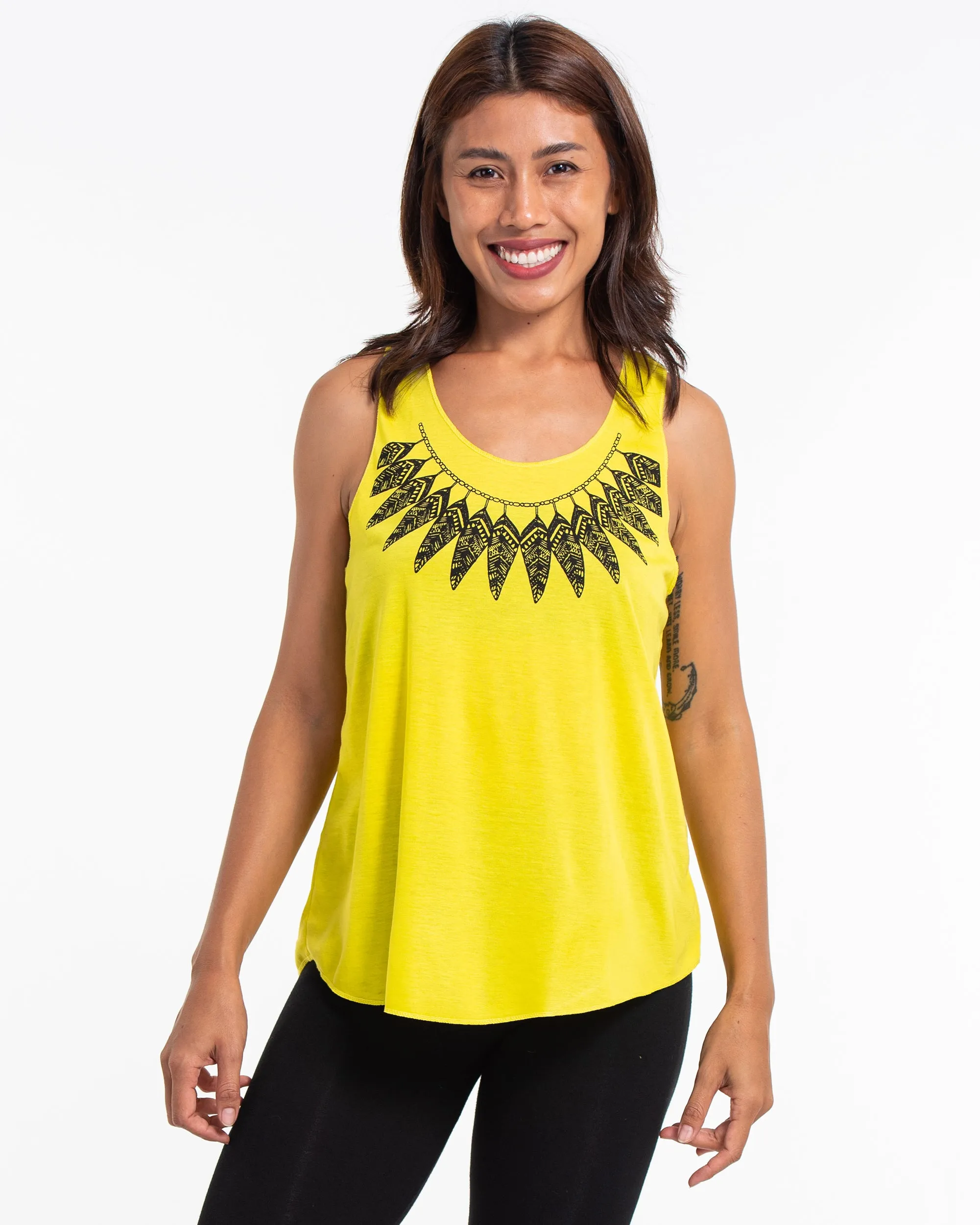 Super Soft Cotton Womens Feather Necklace Tank Top in Yellow