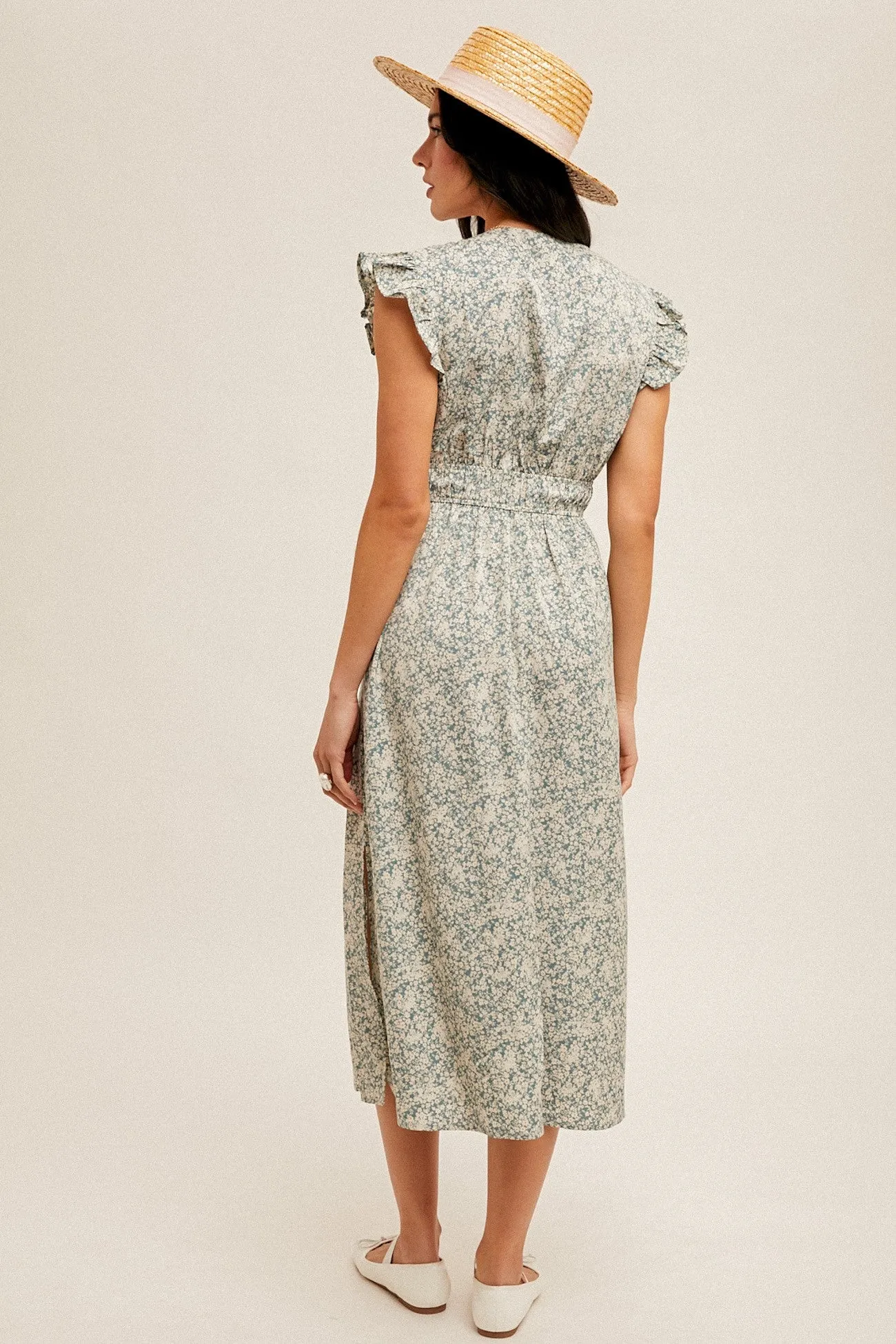 The Arnetta Floral Dress in Dusty Blue