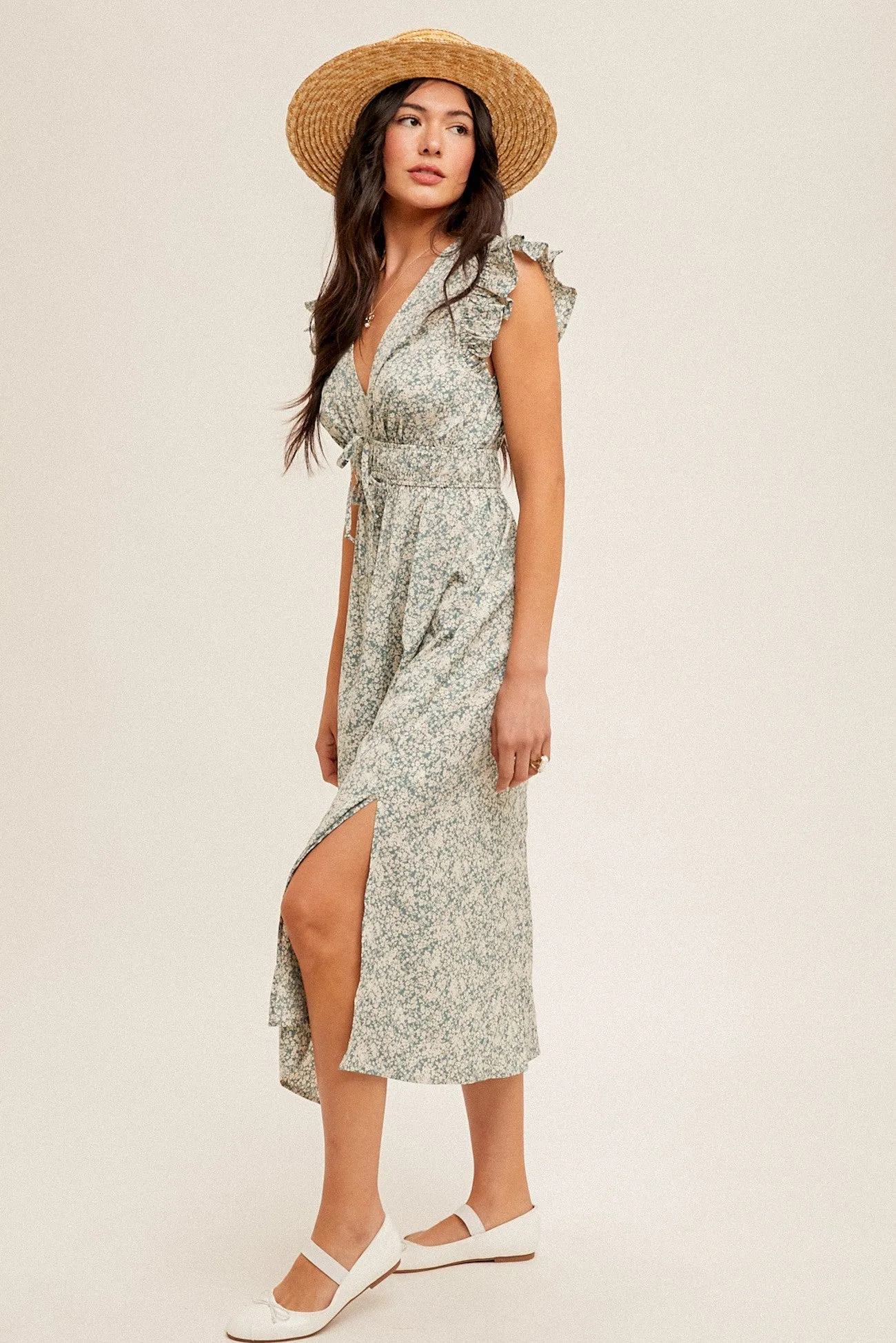 The Arnetta Floral Dress in Dusty Blue