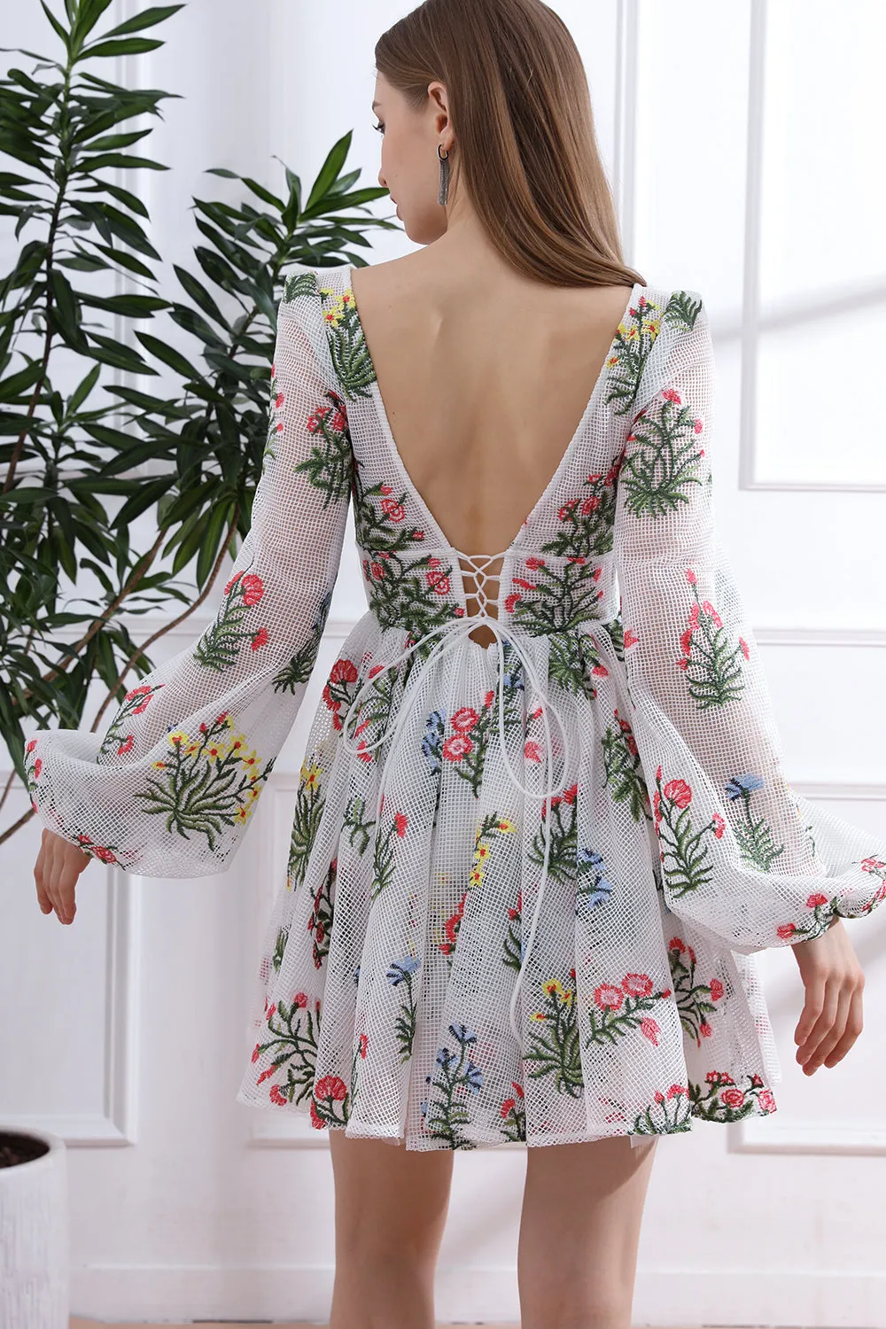 V Neck Colorful Floral Net Dress with Long Puff Sleeves