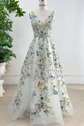 V Neck Sleeveless Colorful Floral Applique Long Wedding Dress