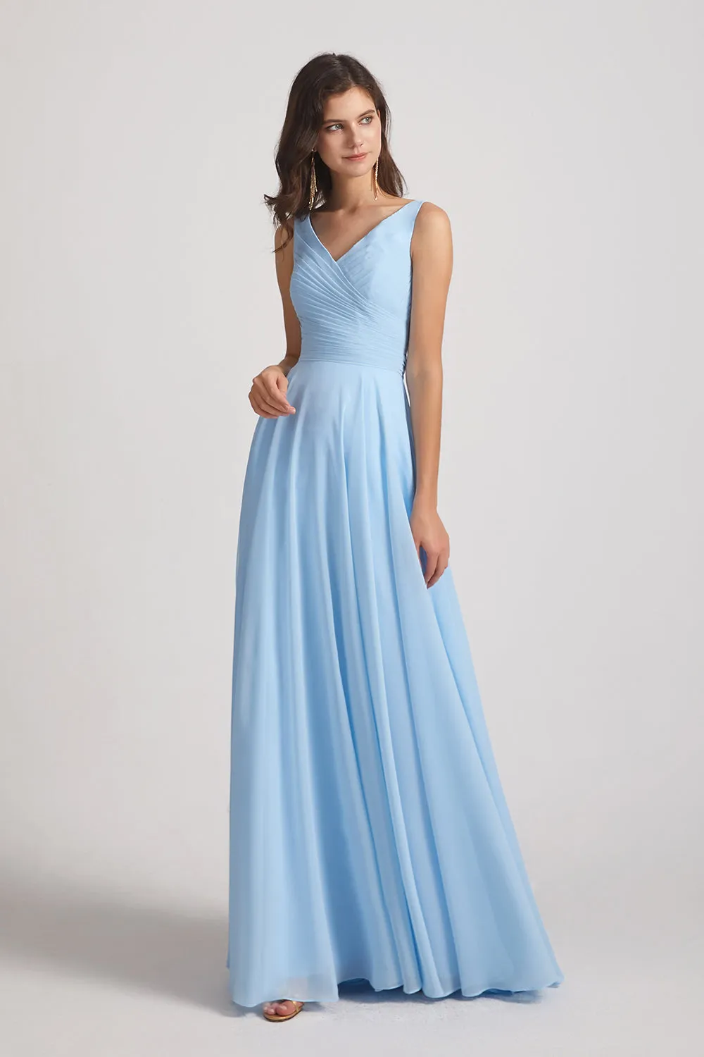 V-Neck Sleeveless Pleated Chiffon Bridesmaid Dresses with Back Tie (AF0145)