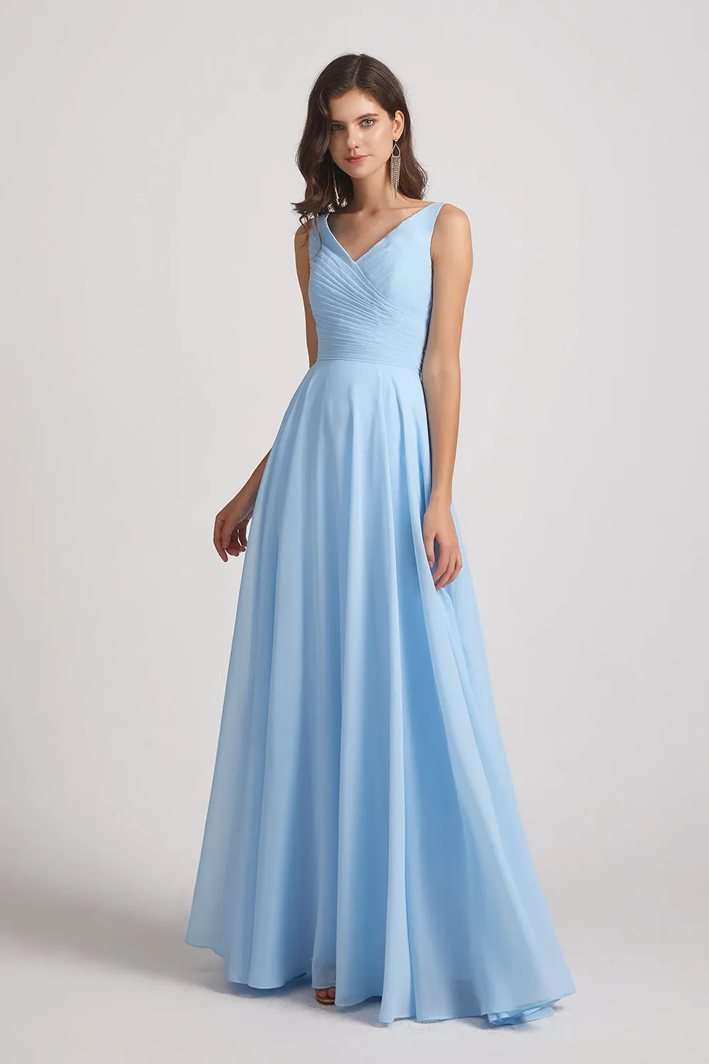 V-Neck Sleeveless Pleated Chiffon Bridesmaid Dresses with Back Tie (AF0145)